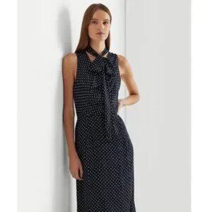 Lauren Ralph Lauren Midi Dress Polka Dot Navy White Chiffon V-Neck Preppy Sz 4